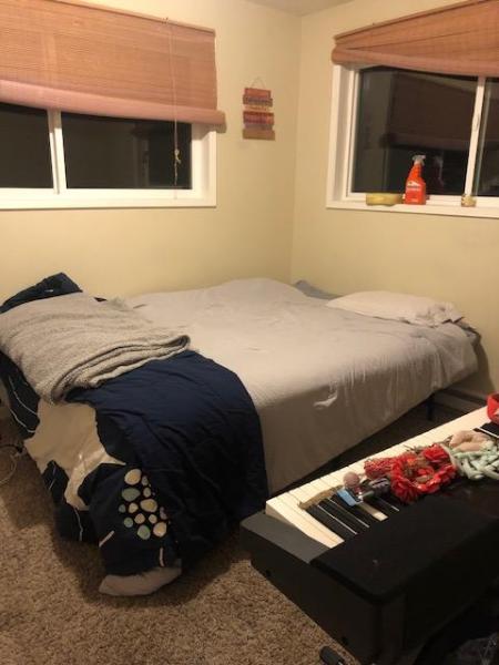 Queen Bed, closet, shared bathroom